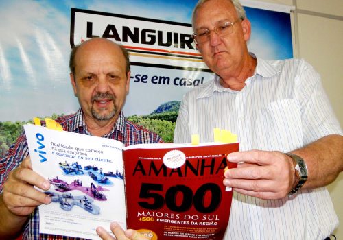 Presidente Dirceu Bayer (e) e vice-presidente Renato Kreimeier com exemplar da Revista Amanhã, apresentada em primeira mão no dia 11 de setembro (Foto: Leandro Augusto Hamester)